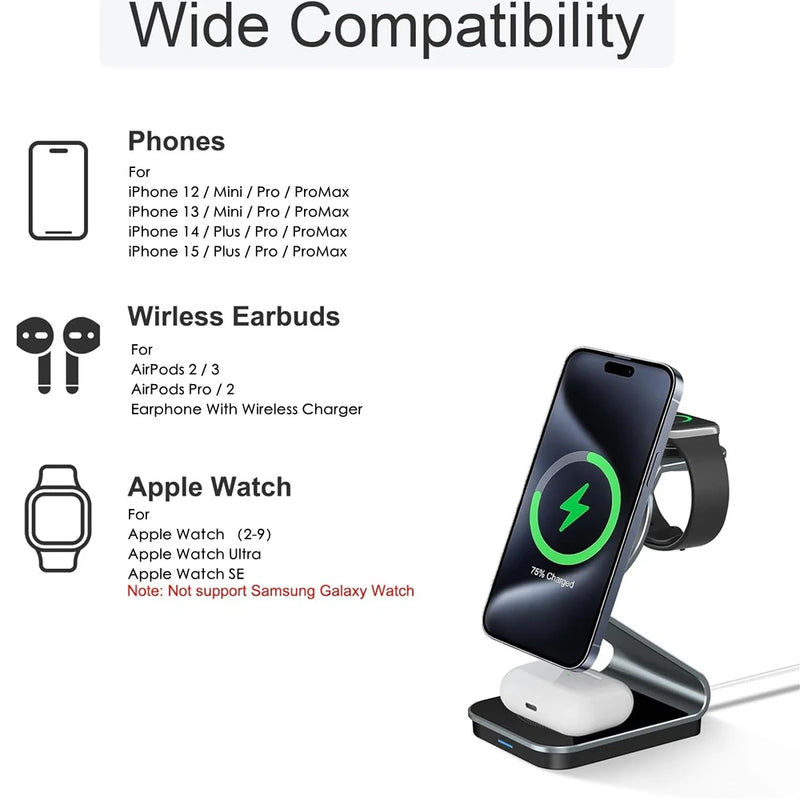 Magnetic 3 in 1 Wireless Charger for iPhone 15 14 Pro Max